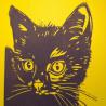 Thumbnail for Dieren linoprint ‘Kitty’ – handgedrukt in donkerpaars op zonnegeel papier