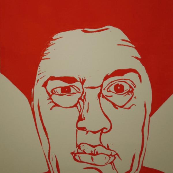 Linoprint ‘What!’ – gesigneerd A4 vrouwenportret in signaaloranje op ivoorpapier