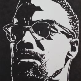 Linoprint ‘Malcolm X’ – handgedrukte A6 zwart-wit portretkaart op 250 grams papier